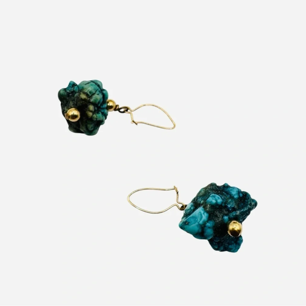 Raw Turquoise Nugget Drop Earrings Boho Gold Tone